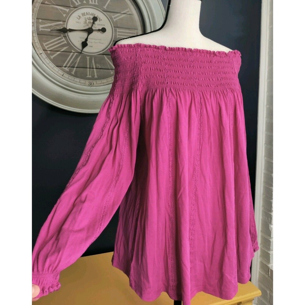 Lauren Ralph Lauren Blouse Size L Fushia Pink Smocked Off Shoulder Assymetrical